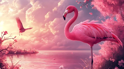 Pink flamingo at lakeside under luminous rose-tinted clouds