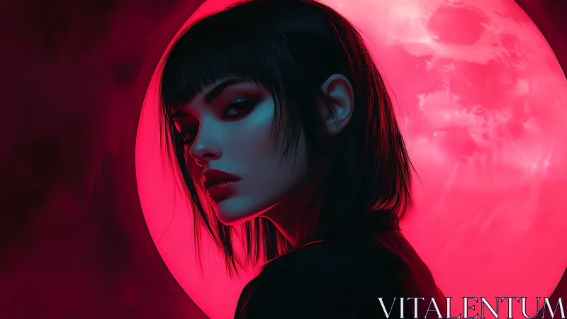 Woman in profile stands before intense red circular light