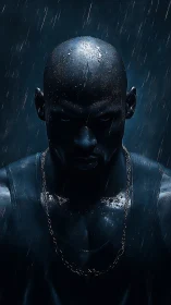 Moody portrait of muscular man in rain with dark lighting.