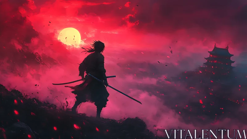 Samurai silhouette before red sun and distant pagoda.