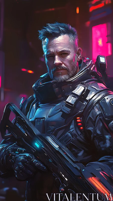 Steady space guardian in neon armor watching the night.