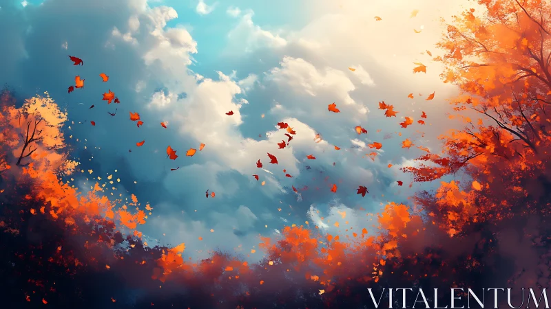 Autumn leaves drift across bright cloudy sky between trees