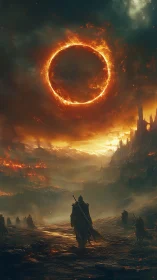 Apocalyptic ringed eclipse above war-torn fantasy valley scene.