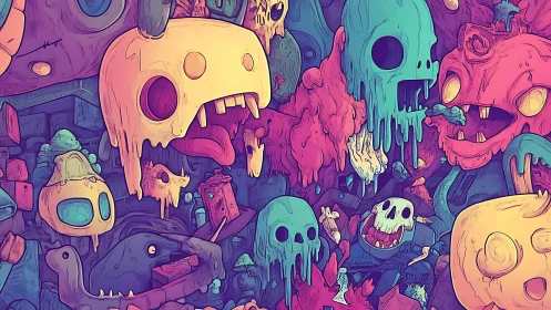 Dripping cartoon skulls and monsters crowd chaotic scene.