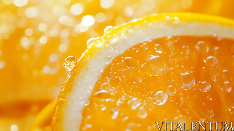 Macro citrus slice with glistening droplets in warm bokeh field.