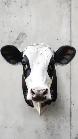 Front-facing Holstein cow portrait against plain gray wall.