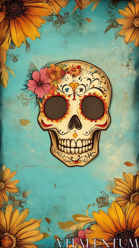 Floral sugar skull floats amid bright turquoise blooms.
