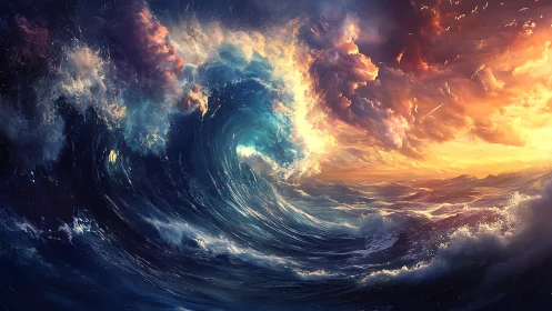 Large stylized ocean wave under contrasting sky at sunset.