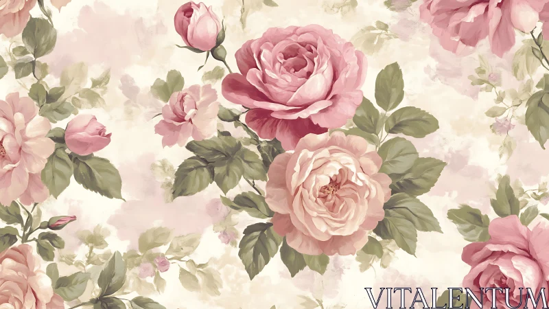 Digitally rendered vintage roses in repeating floral tableau.
