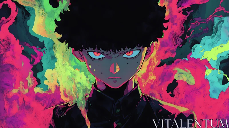 Anime boy with glowing eyes amid neon smoke clouds.