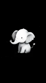 Monochrome baby elephant illustration with soft shading on black
