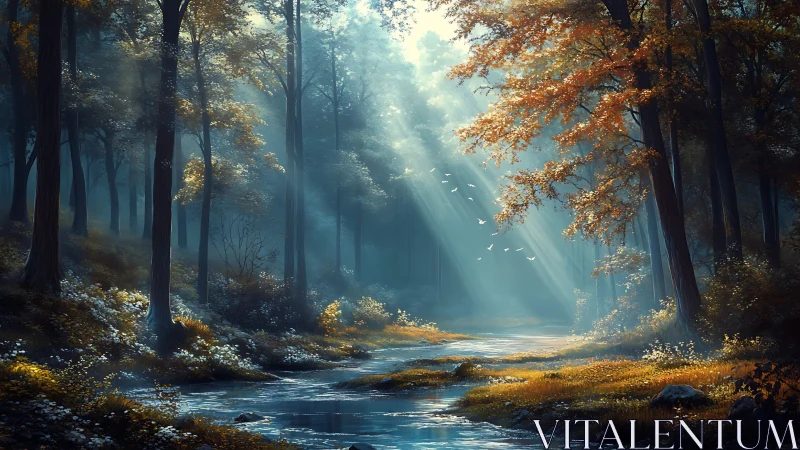 Luminous Forest Stream: Digital Landscape with Crepuscular Rays.