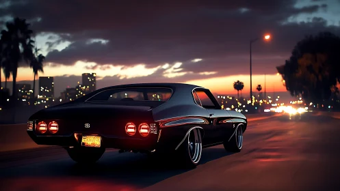 Midnight muscle car cruises through neon city twilight.