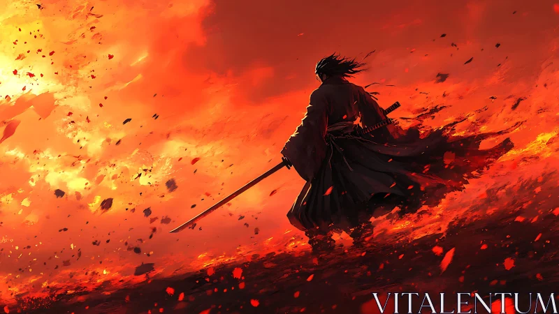 Lone samurai silhouette walking through blazing inferno sky.