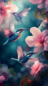 Colorful hummingbirds in flight around vivid pink flowers.