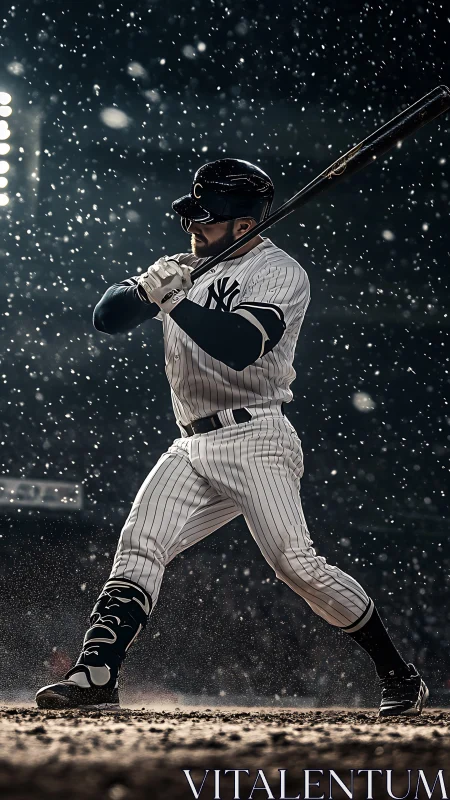 Right-handed batter mid-swing under stadium floodlights in rain
