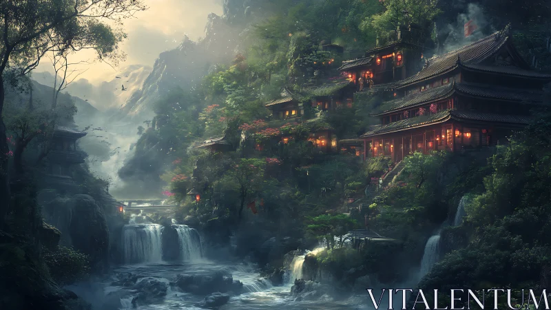 Mountain temple village glows over misty forest waterfalls.