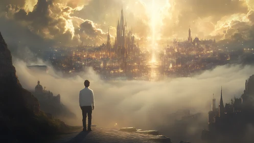 Solitary figure observing luminous city above clouds.
