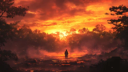 Lone wanderer greeting a glowing, ember bright sunset path.