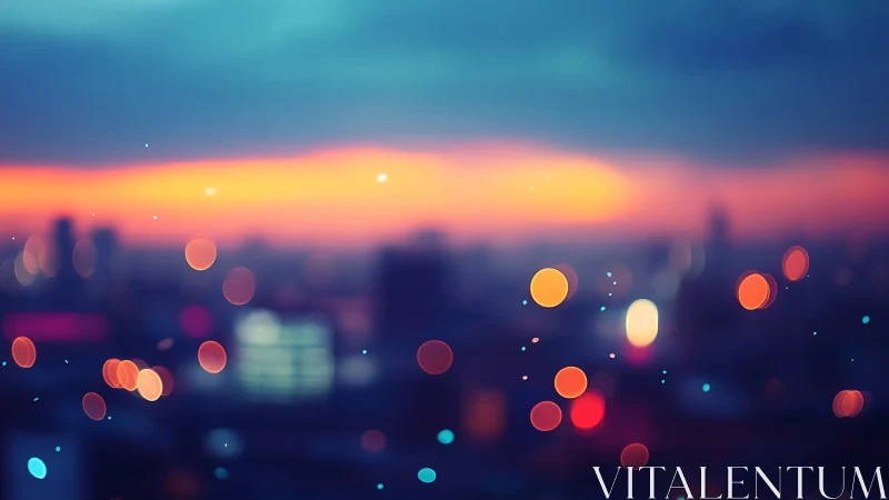 Defocused urban skyline with shallow depth bokeh and dusk gradient