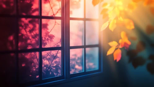 Sunlit autumn leaves glowing against soft window shadows.