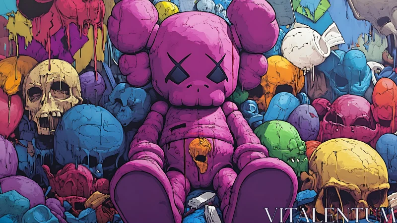 Candy-colored skull storm crowned by a fallen plush titan.