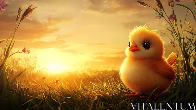 Cute yellow chick in glowing sunset meadow scene.