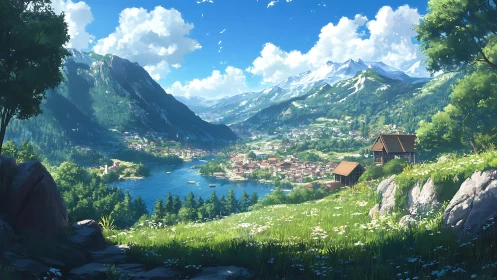 Sunlit alpine lakeside town rendered in detailed digital art