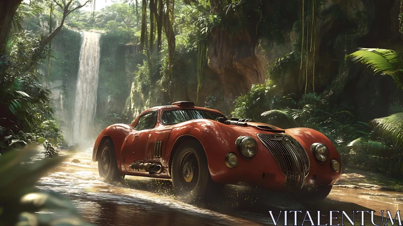 Classic red racer cuts jungle river beneath towering waterfall.