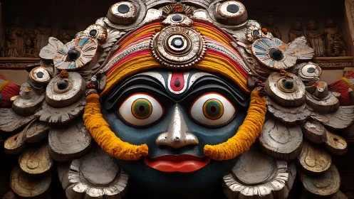 Colorful traditional mask with vivid eyes and playful energy.