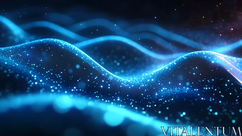 Luminous digital waves shimmering with floating blue particles.