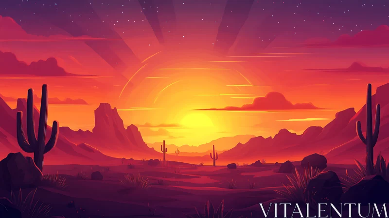 Chromatic desert sunset with stylized cacti and stratified mesas.