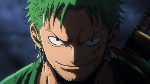 Green haired swordsman glares under dramatic side lighting