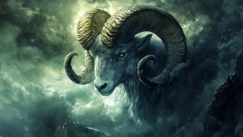 Mythic ram portrait in storm-swept atmospheric digital painting.