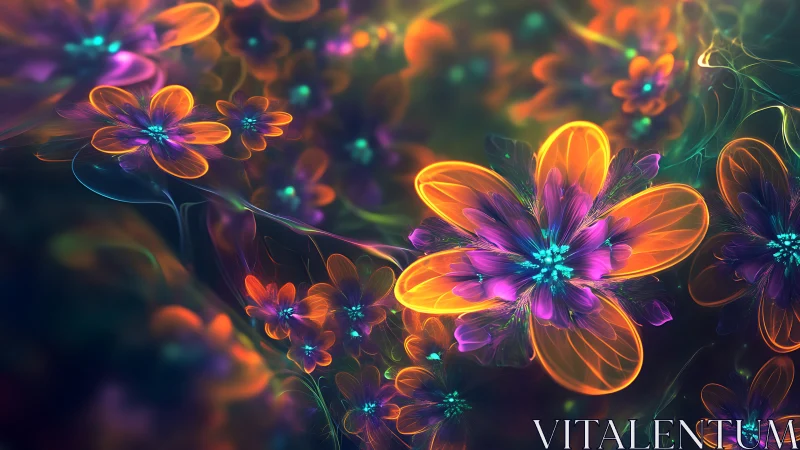 Neon fractal flower cluster with luminous bokeh depth field