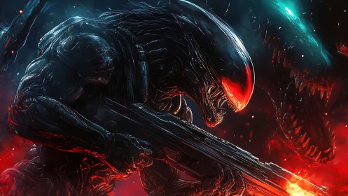 Armored alien creature with rifle in red blue nebula glow.