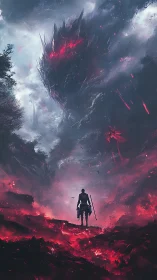 Lone warrior confronts colossal void beast in burning storm