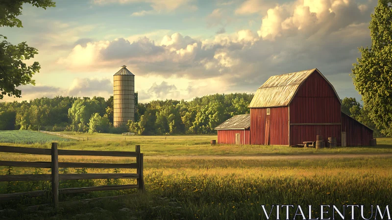 Golden evening light bathes a rustic red barn and silo.