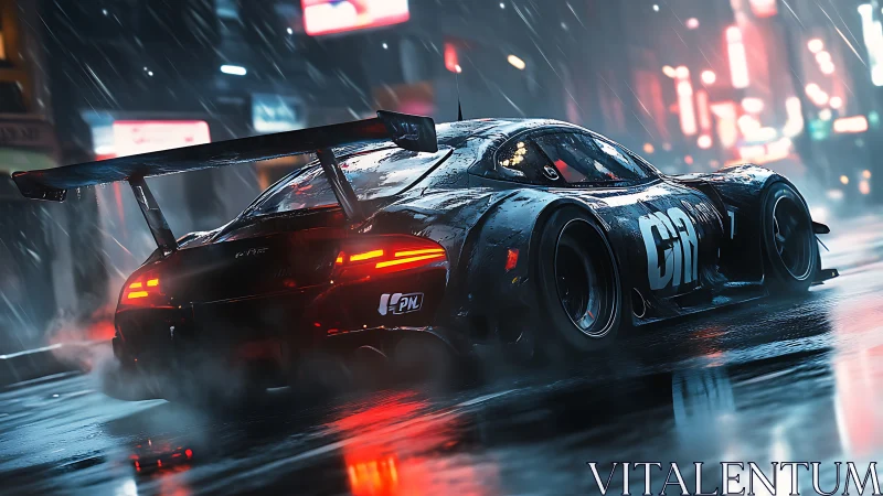 Sleek race car powers through neon city streets in rain