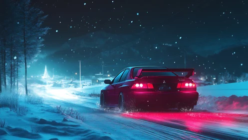 Neon-lit rally coupe on winter highway, cinematic digital rendering.