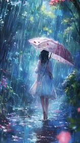 Girl under pink umbrella walking through rainy garden.