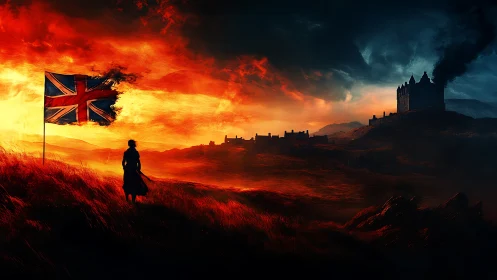 Burning sky engulfs lone figure beneath torn union flag.
