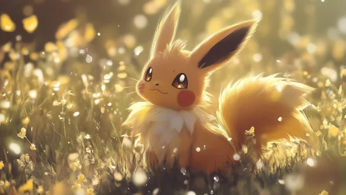 Sunlit foxlike creature resting in glowing meadow scene.