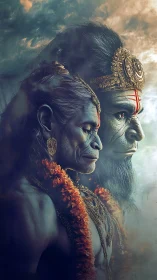 Dual anthropomorphic simian deities in profile against sky.