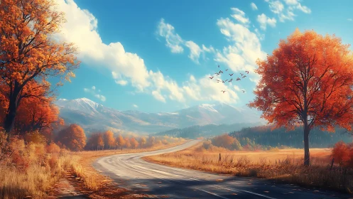 Curving rural road through bright autumn trees and hills.