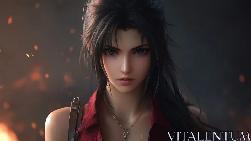 Strong-hearted heroine framed by embers and soft glow.