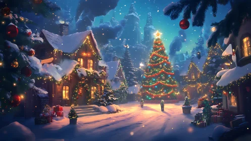 Luminous winter village plaza with central festal fir tree.