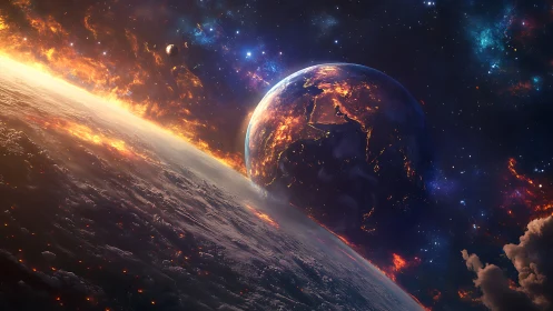 Twin burning worlds trade molten whispers across the void