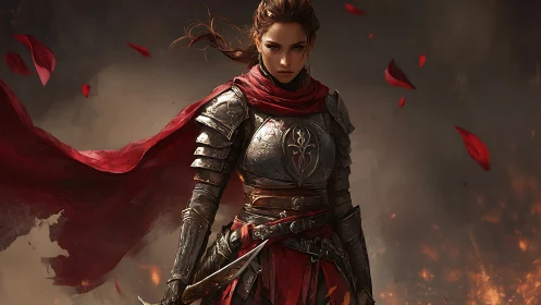 Battle-scarred warrior strides through embers and falling petals