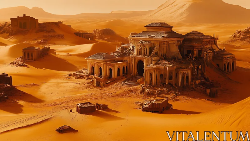 Sun-drenched desert palace ruins cradled by soft dunes.
